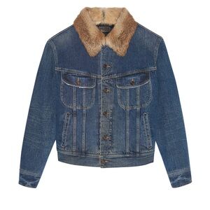 YSL Saint Laurent Men's Blue Denim Jacket with Fur Collar - size Large